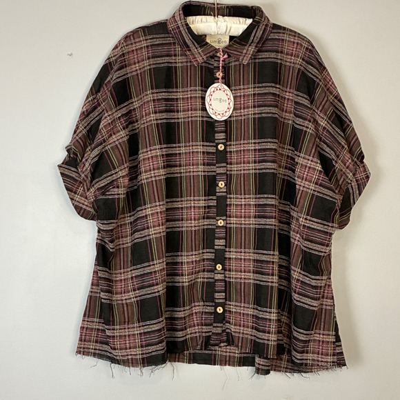 Umgee Tops - UMGEE Women Plaid Button Up Shirt Oversized Short Sleeve Frayed Hem Size S